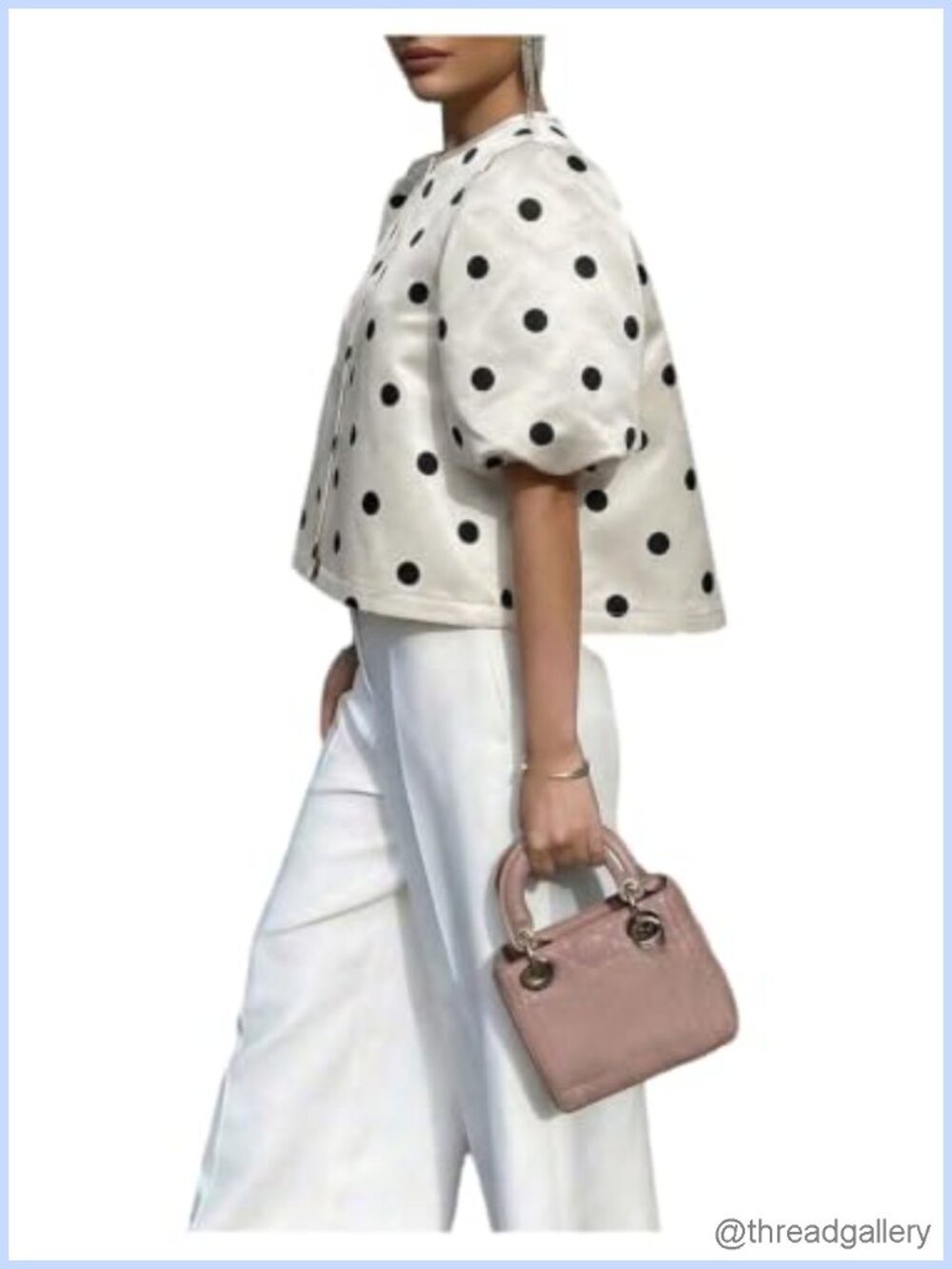 Polka Dots Satin Blouse Puff Sleeve Crewneck Crop Top